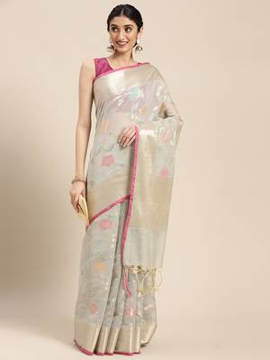 Grey woven cotton silk saree with blouse 3