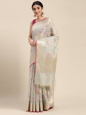 Grey woven cotton silk saree with blouse 4