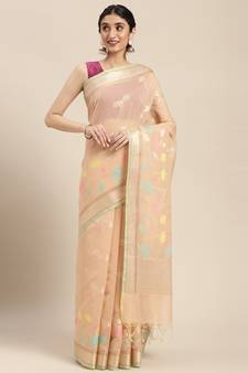 Beige woven cotton silk saree with blouse