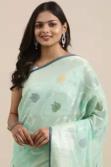 Sea green woven cotton silk saree with blouse