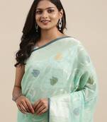Sea green woven cotton silk saree with blouse