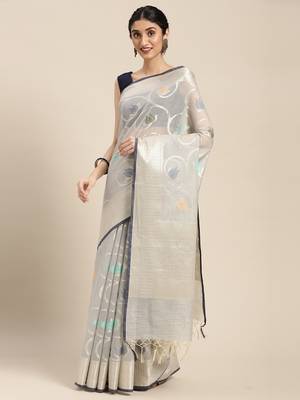 Grey woven cotton silk saree with blouse 1