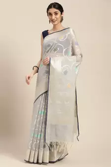 Grey woven cotton silk saree with blouse