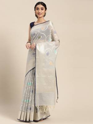 Grey woven cotton silk saree with blouse 2