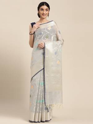 Grey woven cotton silk saree with blouse 3