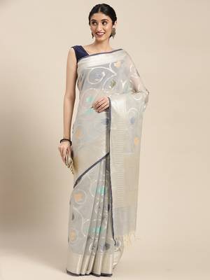 Grey woven cotton silk saree with blouse 4