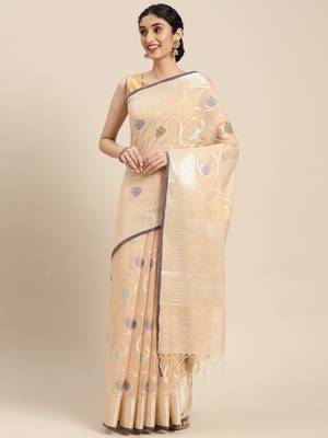 Peach woven cotton silk saree with blouse 1