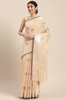 Peach woven cotton silk saree with blouse