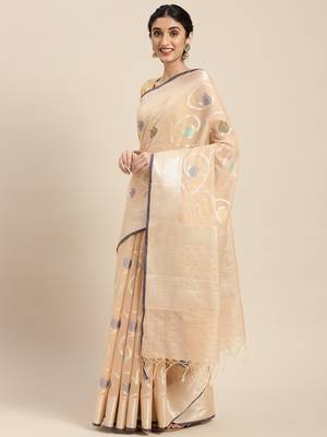 Peach woven cotton silk saree with blouse 2