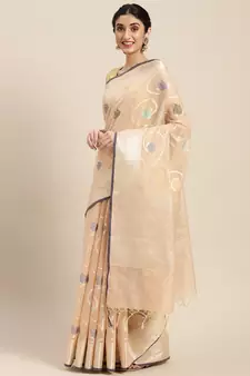 Peach woven cotton silk saree with blouse