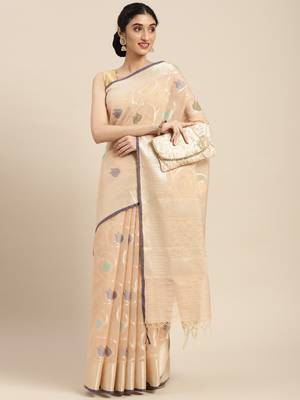 Peach woven cotton silk saree with blouse 3