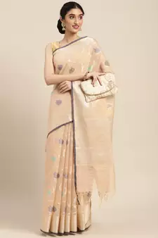 Peach woven cotton silk saree with blouse
