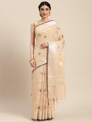 Peach woven cotton silk saree with blouse 4