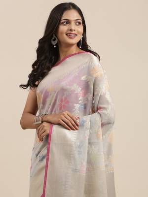 Grey woven cotton silk saree with blouse 1
