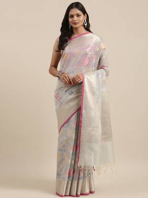Grey woven cotton silk saree with blouse 2