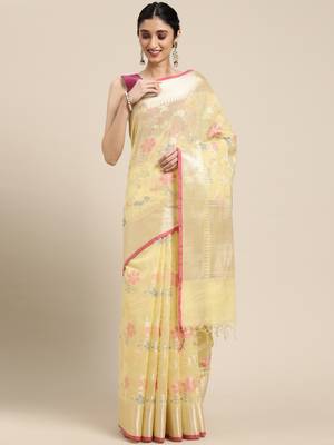 Yellow woven cotton silk saree with blouse 1