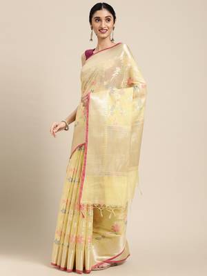 Yellow woven cotton silk saree with blouse 2