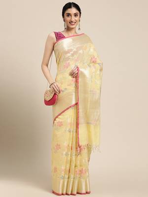 Yellow woven cotton silk saree with blouse 3