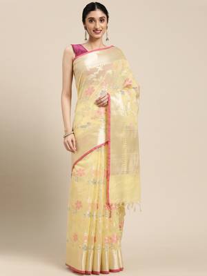 Yellow woven cotton silk saree with blouse 4