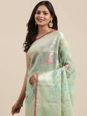 Sea green woven cotton silk saree with blouse 1