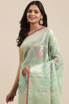 Sea green woven cotton silk saree with blouse