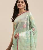 Sea green woven cotton silk saree with blouse