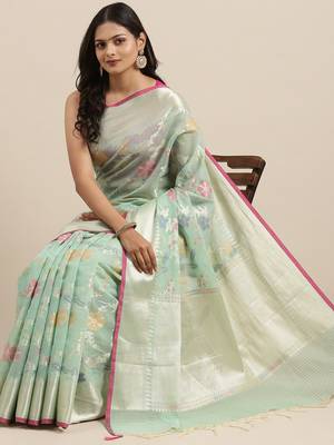 Sea green woven cotton silk saree with blouse 2