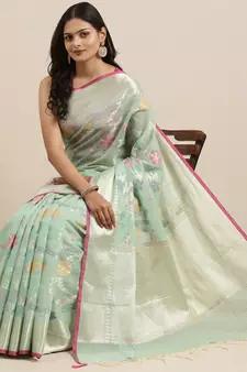 Sea green woven cotton silk saree with blouse