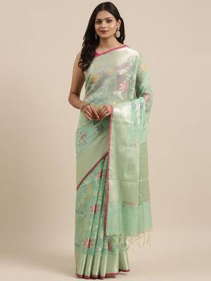 Sea green woven cotton silk saree with blouse 3