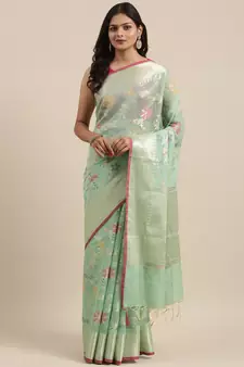 Sea green woven cotton silk saree with blouse