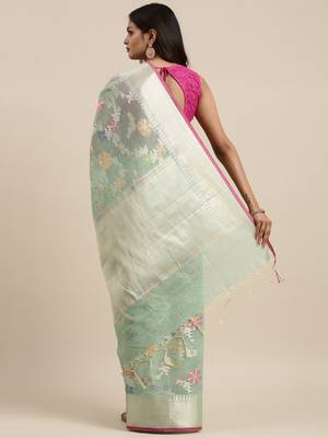 Sea green woven cotton silk saree with blouse 4