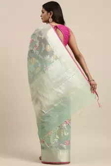Sea green woven cotton silk saree with blouse