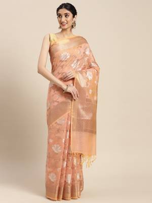 Peach woven cotton silk saree with blouse 1