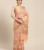 Peach woven cotton silk saree with blouse