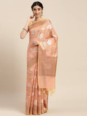 Peach woven cotton silk saree with blouse 2