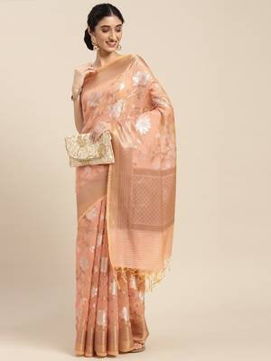 Peach woven cotton silk saree with blouse 3