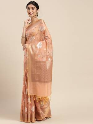 Peach woven cotton silk saree with blouse 4
