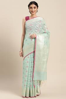 Sea green woven cotton silk saree with blouse