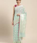 Sea green woven cotton silk saree with blouse