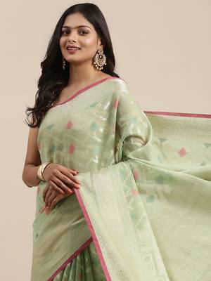 Light green woven cotton silk saree with blouse 2