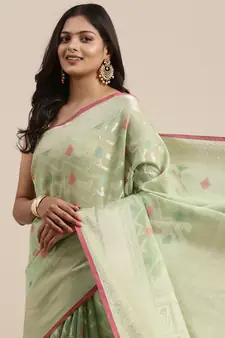 Light green woven cotton silk saree with blouse