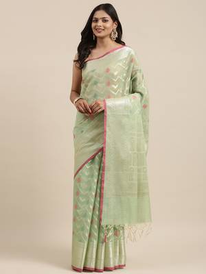 Light green woven cotton silk saree with blouse 1
