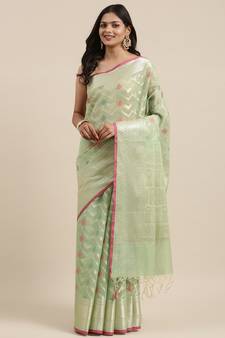 Light green woven cotton silk saree with blouse