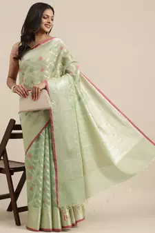 Light green woven cotton silk saree with blouse