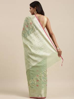 Light green woven cotton silk saree with blouse 4