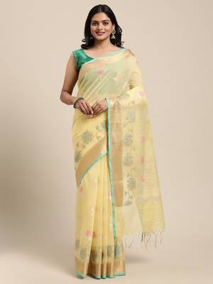 Yellow woven cotton silk saree with blouse 1