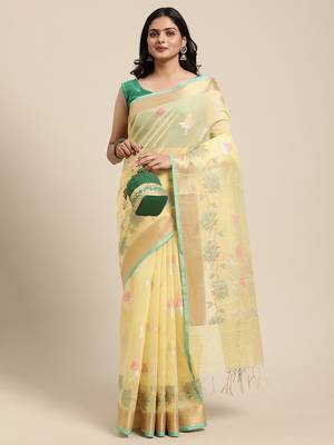 Yellow woven cotton silk saree with blouse 2