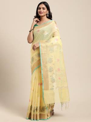 Yellow woven cotton silk saree with blouse 3