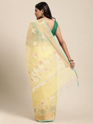 Yellow woven cotton silk saree with blouse 4