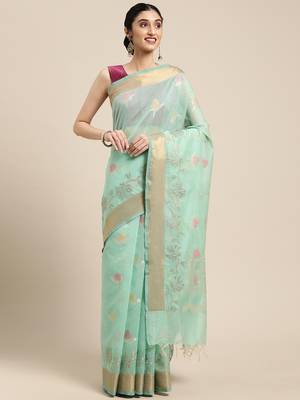 Sea green woven cotton silk saree with blouse 1